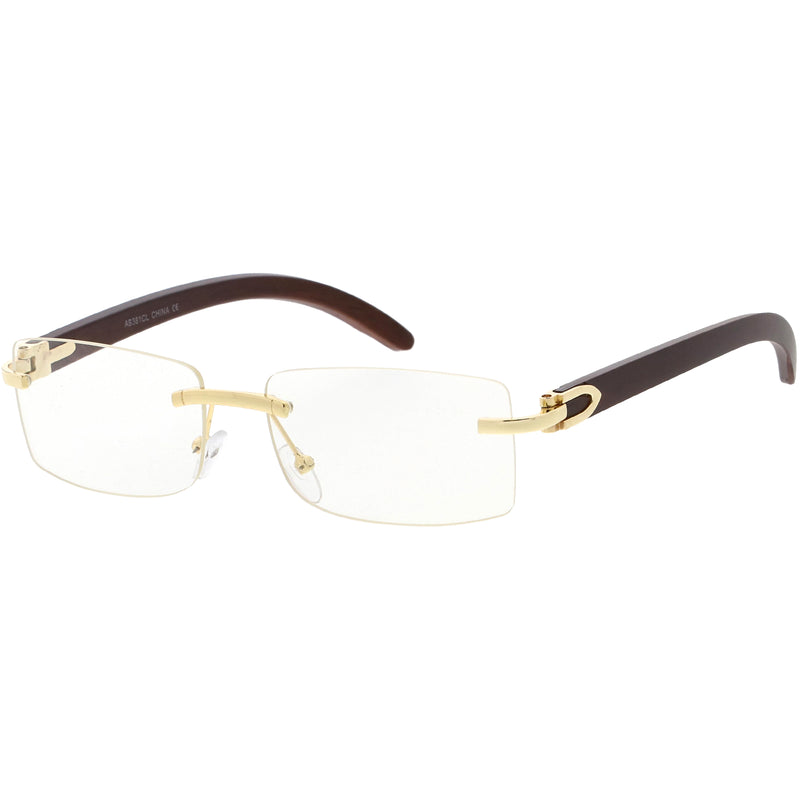 Dapper Rimless Metal Accent Classic Wood Arm Square Lens Gafas de luz azul D011