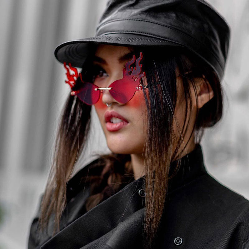 Flaming Fire Color Lentes teñidas Oval Rimless Flames Gafas de sol D073