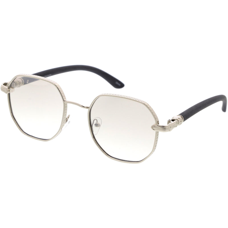 Elegantes gafas de sol poligonales redondas con detalle de madera geométrica mediana D309