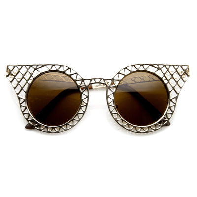 Women's Laser Cut Metal Criss Cross Cat Eye Sunglasses 9353