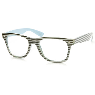 Two Tone Pastel Striped Clear Lens Horned Rim Glasses 9334