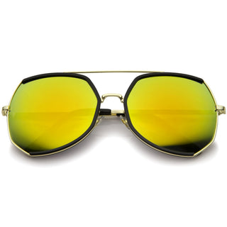 Oversize Angular Mirrored Lens Aviator Sunglasses A387 - Black Gold Yellow Mirror