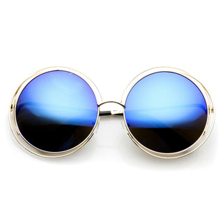 Gafas de sol con lentes espejadas redondas de metal dual retro indie 9621 - Hielo dorado