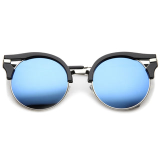 Gafas de sol tipo ojo de gato con lentes planas y montura redonda para mujer A153 - Negro Plata Azul Espejo
