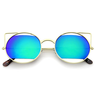 Women's Laser Cut Mirror Lens Cat Eye Sunglasses A349 - Gold Green Blue Mirror