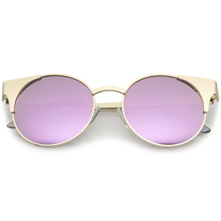 Premium Round Cat Eye  Half Frame Mirrored Flat Lens Sunglasses C359 - Gold Purple Mirror