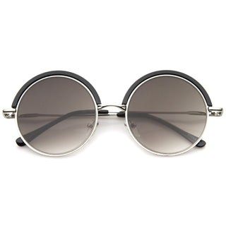 Women's Oversize Round Top Trim Flat Lens Sunglasses A506 - Black Silver Lavender