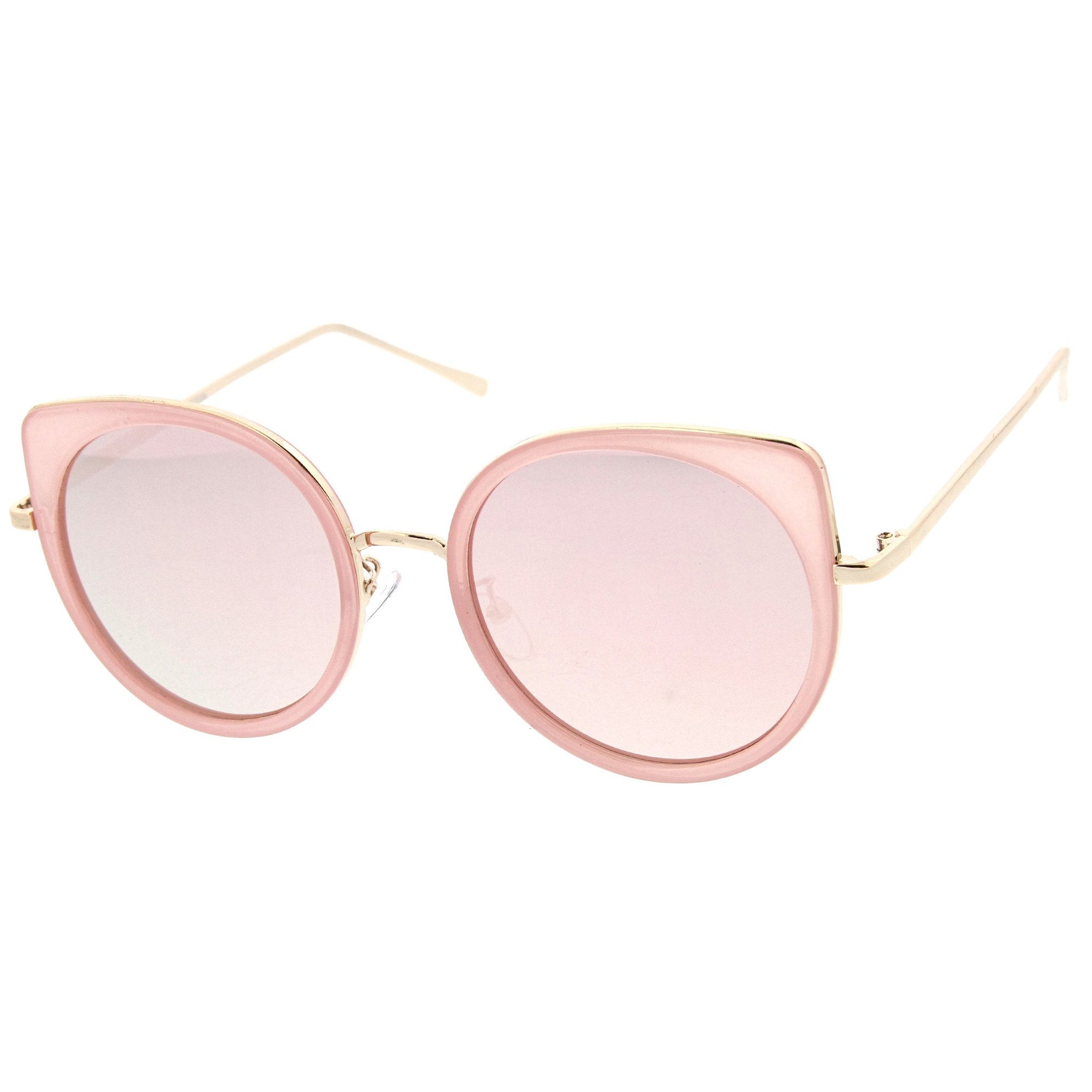 Women's Slim Round Flat Mirror Lens Cat Eye Sunglasses - zeroUV