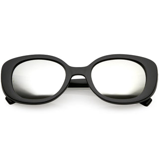 Women's Rounded Retro 1950's Thick Frame Sunglasses C557 - Matte Black Silver Mirror