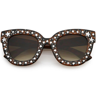 Gafas de sol con borde en forma de cuerno y diamantes de imitación de estrella de moda para mujer C579 - tortuga ámbar