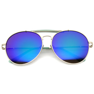 Gafas de sol de aviador redondas, modernas, retro, de gran tamaño, A758 - Verde Oro Verde Azul Espejo