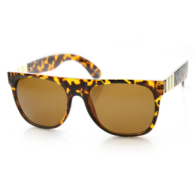 Retro Super Flat Top Metal Accent Faux Leather Sunglasses 9613