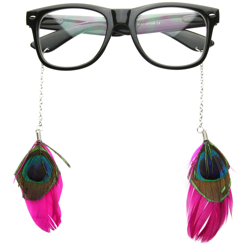 Cute Indie Feather Ear Rings Clear Lens Horned Rim Glasses 8473