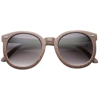 Women's Oversize Retro Round Wood Print Sunglasses 9642 - Dark Wood Lavender