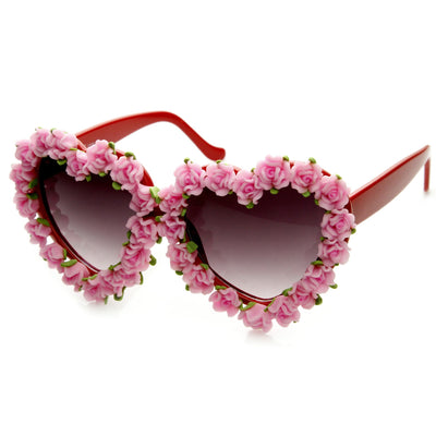 Womens Heart Shaped Flower Adorned Oversize Sunglasses 9197