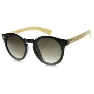 Eco Friendly Bamboo Wood Temple Round Horned Rim Sunglasses 9804 - Shiny Black Lavender