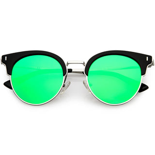 Women's Polarized Round Horned Rim Half Frame Sunglasses C828 - Black Green Mirror