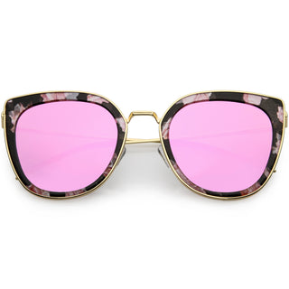 Gafas de sol polarizadas de gran tamaño con montura metálica estilo ojo de gato C822 para mujer - Espejo floral magenta