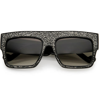 Gafas de sol con lentes espejadas y parte superior plana con diamantes de imitación de cristal para mujer C880 - lavanda negra