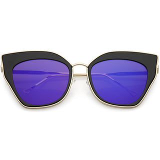 Gafas de sol tipo ojo de gato con lentes planas espejadas de gran tamaño para mujer C348 - Espejo dorado negro azul