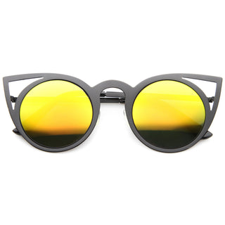 Women's Laser Cut Round Metal Mirror Lens Sunglasses A102 - Black Yellow Mirror