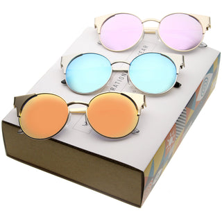 Women's Round Mirrored Flat Lens Cat Eye Sunglasses C359 [Promo Box] - 3 Pack - Promo Box