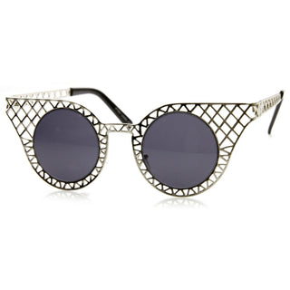 Gafas de sol de metal con corte láser y ojo de gato redondo Indie para mujer - Humo plateado