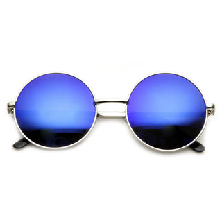 Gafas de sol redondas de metal con lentes de espejo de color flash retro - Hielo plateado