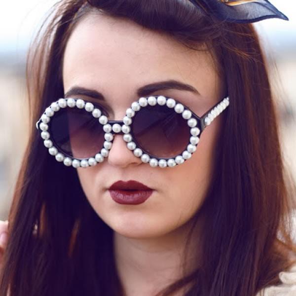 Designer Womens Pearl Round Fashion Sunglasses - zeroUV