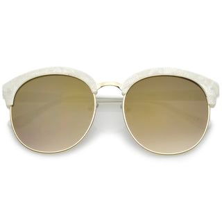 Oversize Metallic Lace Pattern Mirrored Lens Half Frame Sunglasses A548 - White Gold / Lavender Mirror
