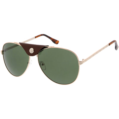 Button Snap Vegan Leather Crossbar Strap Teardrop Oversize Aviator Sunglasses D063