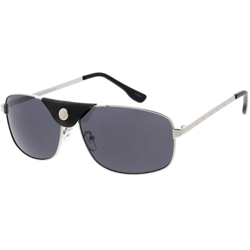 Button Snap Vegan Leather Strap Metal Crossbar Square Aviator Sunglasses D065