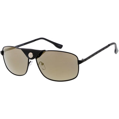 Button Snap Vegan Leather Strap Metal Crossbar Square Aviator Sunglasses D065