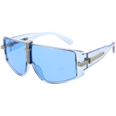 Bold Curved Color Tinted Lens Premium Metal Accent Shield Sunglasses D096