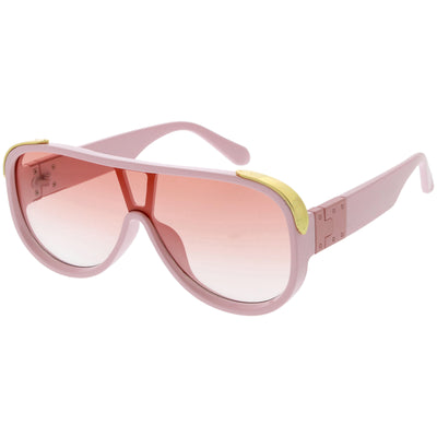 High Fashion Color Tinted Rounded Lens Flat Top Oversize Shield Sunglasses D100