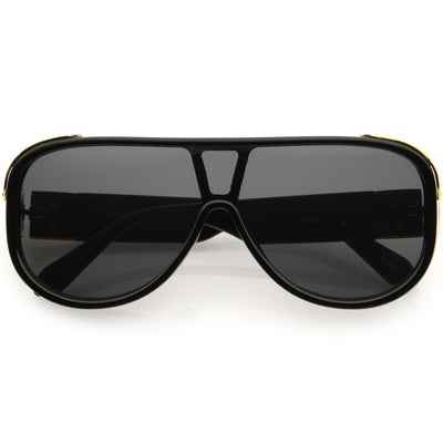 High Fashion Neutral Rounded Lens Flat Top Oversize Shield Sunglasses D101