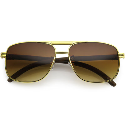 Metal Detailed Wood Arm Lifestyle Classic Square Aviator Sunglasses D189